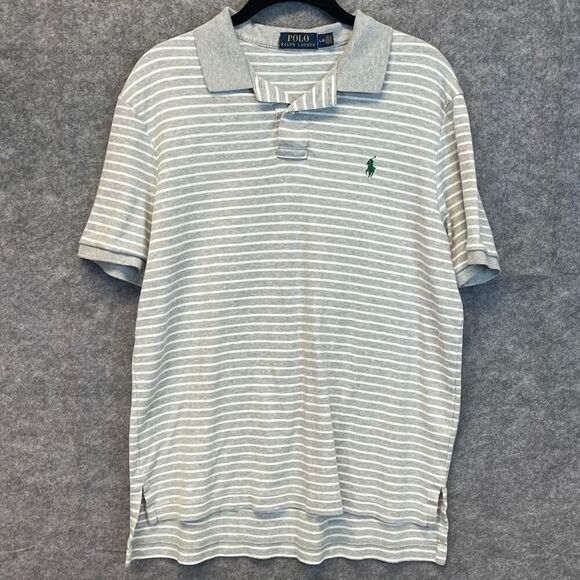 POLO RALPH LAUREN Polo Shirt Men’s Large Gray White Striped Classic Fit Stretch - Picture 1 of 11
